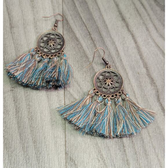 Bohemian Tassel Dangle Earrings Teal Bronze Vintage Party Jewelry - Picture 3 of 3